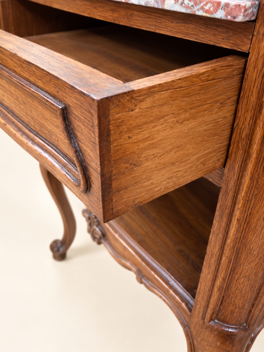 Pair Of Louis XV-style Nightstands In Oak And Marble -photo-1