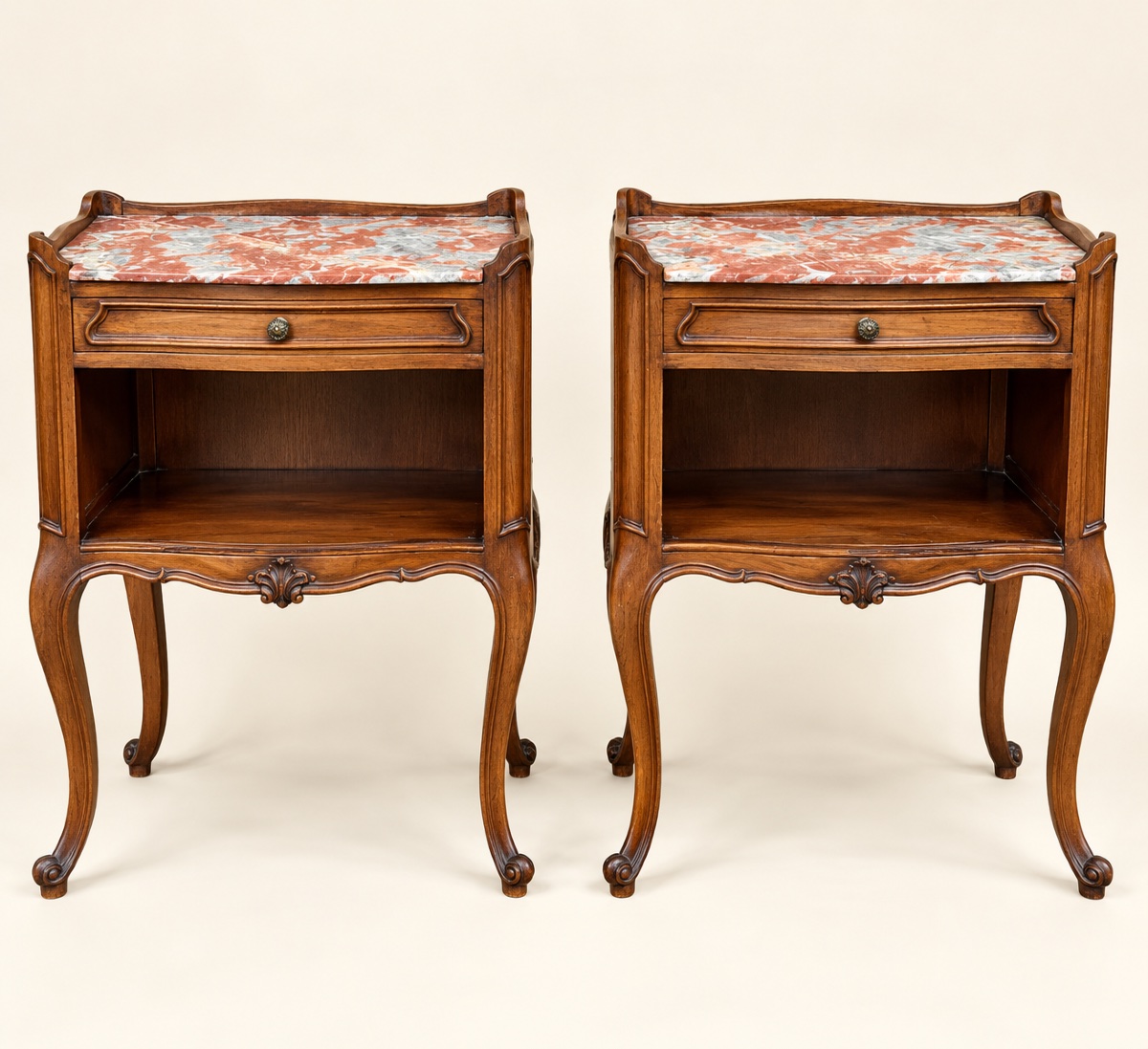 Pair Of Louis XV-style Nightstands In Oak And Marble 