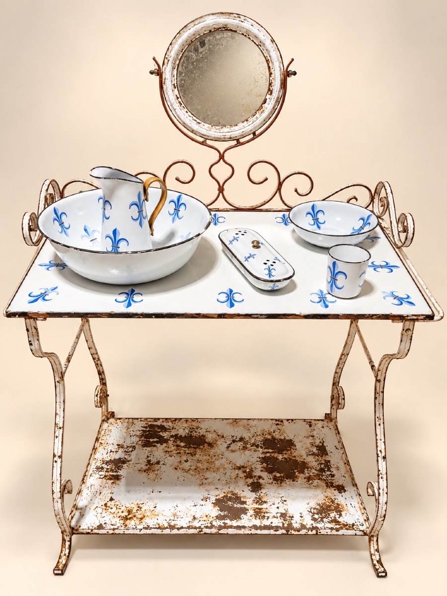 Coiffeuse - Table de toilette émaillée à fleurs de LYS