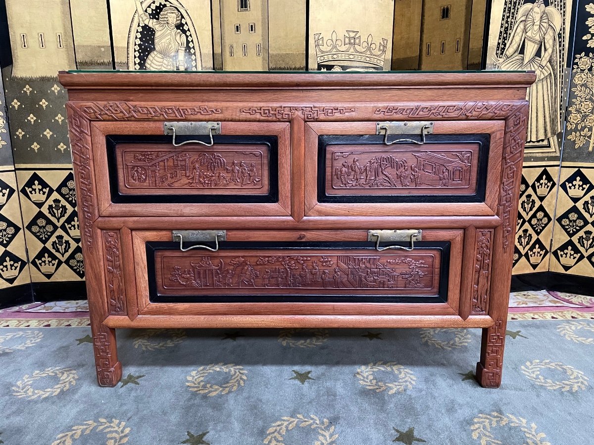 Indochinese Chest Of Drawers With Carved Panels