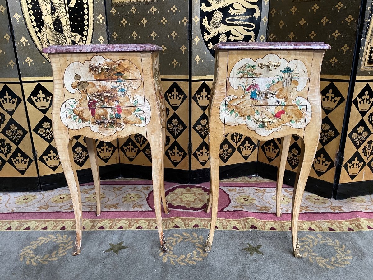 Pair Of Louis XV Orientalist Lacquered Bedside Tables