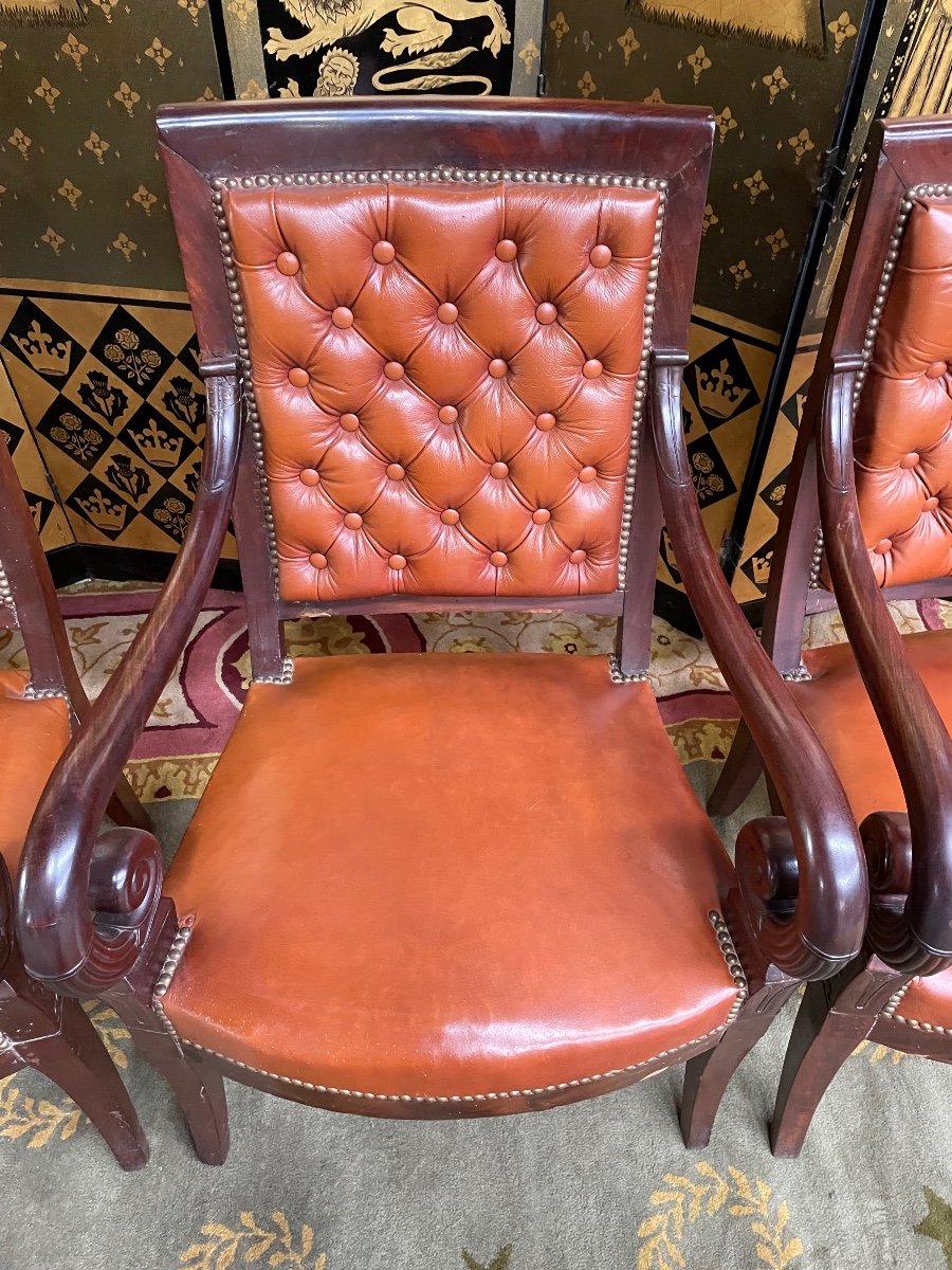 4 Restoration Period Armchairs In Leather And Mahogany -photo-3