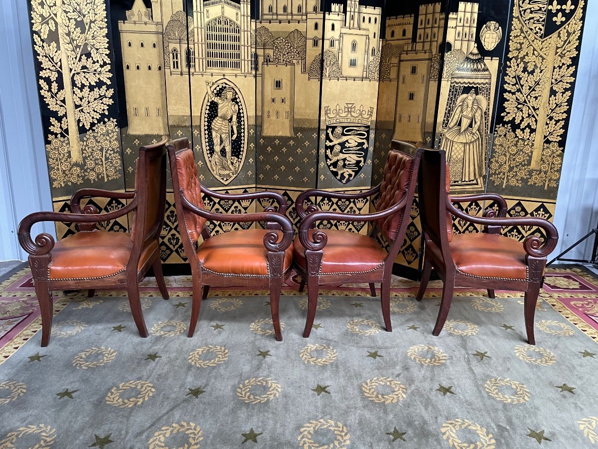 4 Restoration Period Armchairs In Leather And Mahogany -photo-2