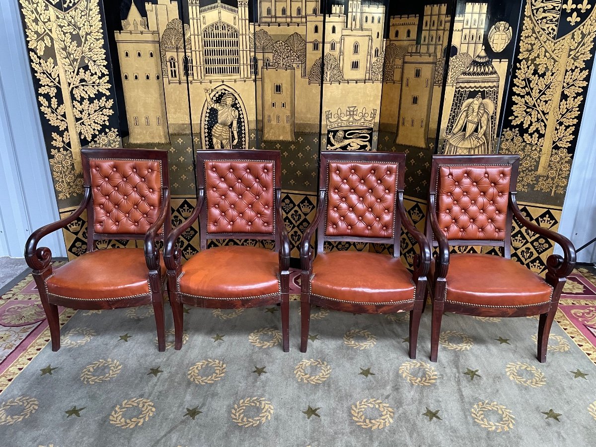 4 Restoration Period Armchairs In Leather And Mahogany 