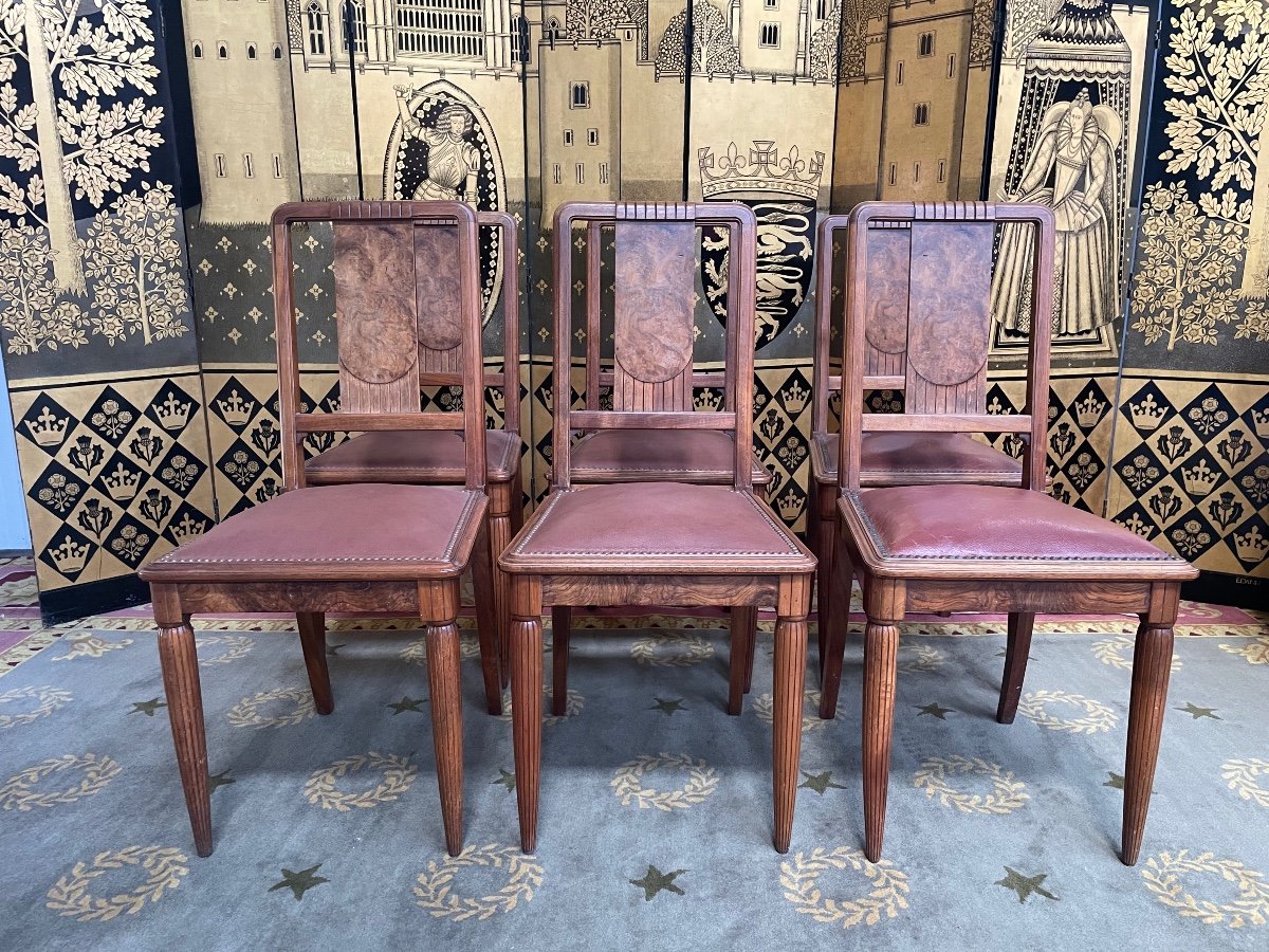 6 Chaises époque Art Déco En Acajou Et Cuir 