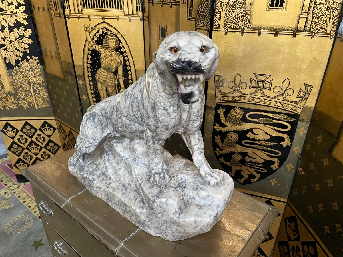 Marble Panther Sculpture Signed Garnier-photo-1