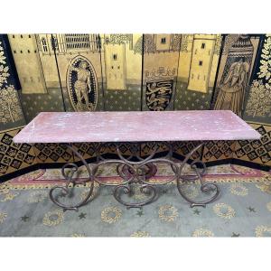 Table - Console De Boucher En Fer Forgé Et Marbre 