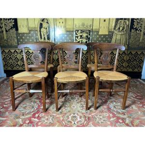 Suite Of 6 Rustic Provençal Straw Chairs “basket” Backrest
