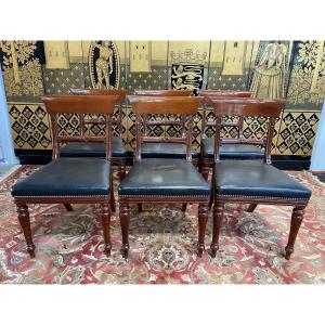 Suite Of 6 English Chairs In Mahogany And Leather