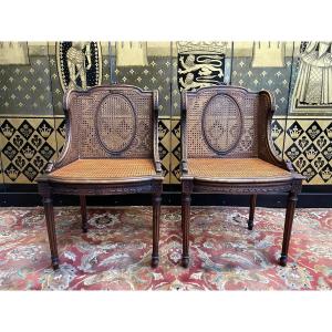 Pair Of Bergere Armchairs With Wings In Caning Louis XVI