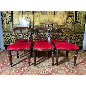 Suite De 6 Chaises Anglaise / Napoléon III Velours Rouge 