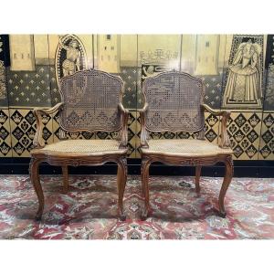 Pair Of Regency Style Cane Armchairs - Louis XV