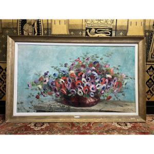 Oil On Canvas "anemones" Signed Charles Castel