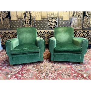 Paire De Fauteuils Clubs En Velours Vert 