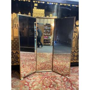 Brass Triptych Mirror Attributed To Maison Brot 