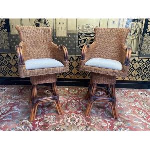 Pair Of Swivel Wicker And Rattan Bar Stools 