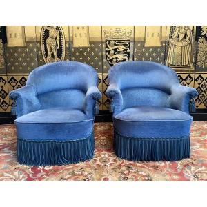 Paire De Fauteuils Crapaud En Velours Bleu