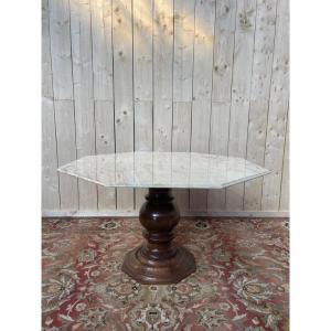 Octagonal Table With Marble Top And Wooden Legs 