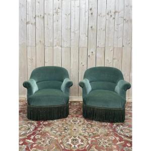 Pair Of Napoleon III Style Green Velvet Toad Armchairs