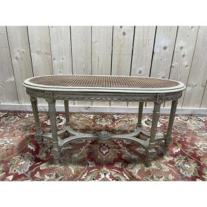 Banquette de piano Louis XVI en cannage et bois rechampi