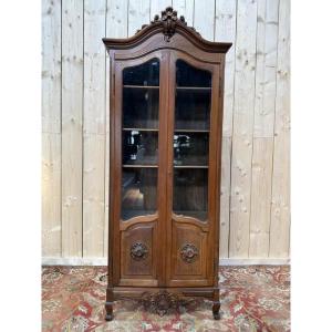 Vitrine - Bibliotheque étroite de style Louis XV en noyer 