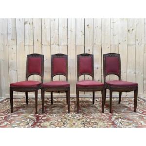 Suite de 4 chaises époque Art Nouveau en noyer sculpté