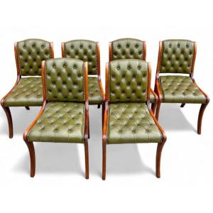Set Of 6 English Cherterfield Chairs In Green Leather 