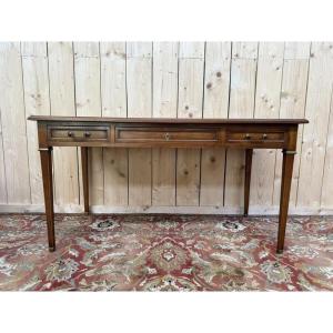 Bureau plat de style Louis XVI en merisier et cuir noir 