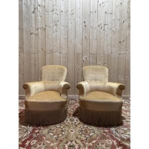 Paire de fauteuils style Anglais en velours jaune