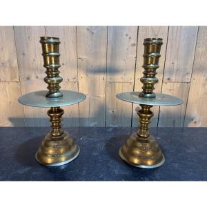 Pair Of Large Brass Candle Holders