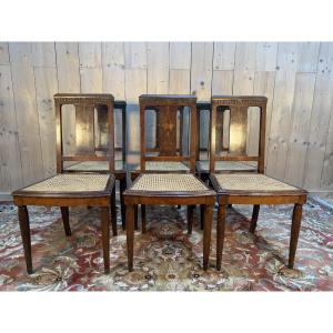 Set Of 6 Art Deco Period Chairs In Marquetry And Caning