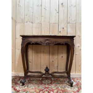 Louis XV Style Console In Carved Walnut And Marble 