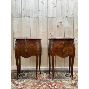 Pair Of Marquetry And Marble Bedside Tables In The Louis XV Style