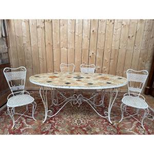 Wrought-iron And Earthenware Garden Set: Table And 4 Chairs 