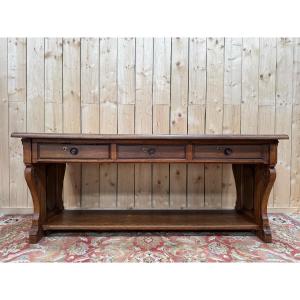 Grande console ou table de présentation en noyer  Néo-Renaissance 