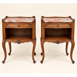 Pair Of Louis XV-style Nightstands In Oak And Marble