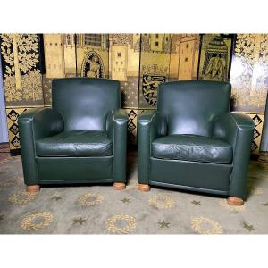 Pair Of Club Green Leather Numbered Poltrona Frau 1970