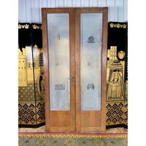 Pair Of Engraved Glass Store Doors 