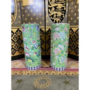 Pair Of Enamelled Umbrella Stands With Chinese Patterns