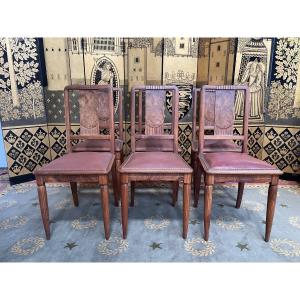 6 Art Deco Period Chairs In Mahogany And Leather
