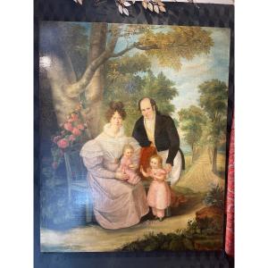 Painting On Canvas Family Scene Signed Jardinet 1932