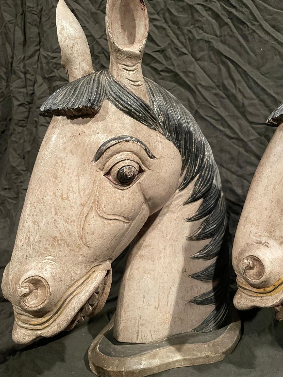 Paire De Têtes De Chevaux Bois Peint Sculpté, Jodhpur,  Inde  Circa 1950-photo-3