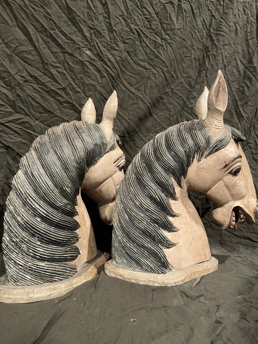 Paire De Têtes De Chevaux Bois Peint Sculpté, Jodhpur,  Inde  Circa 1950-photo-2