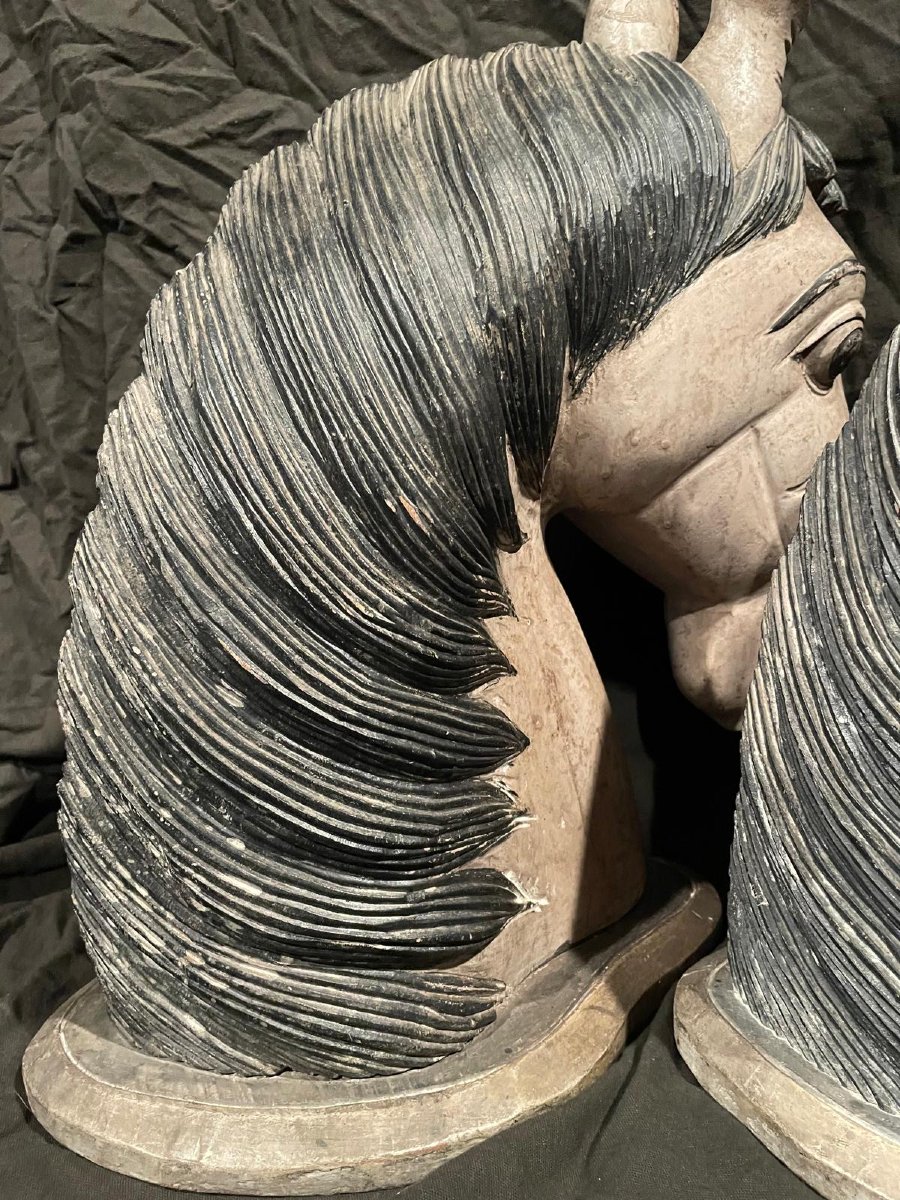 Paire De Têtes De Chevaux Bois Peint Sculpté, Jodhpur,  Inde  Circa 1950-photo-4