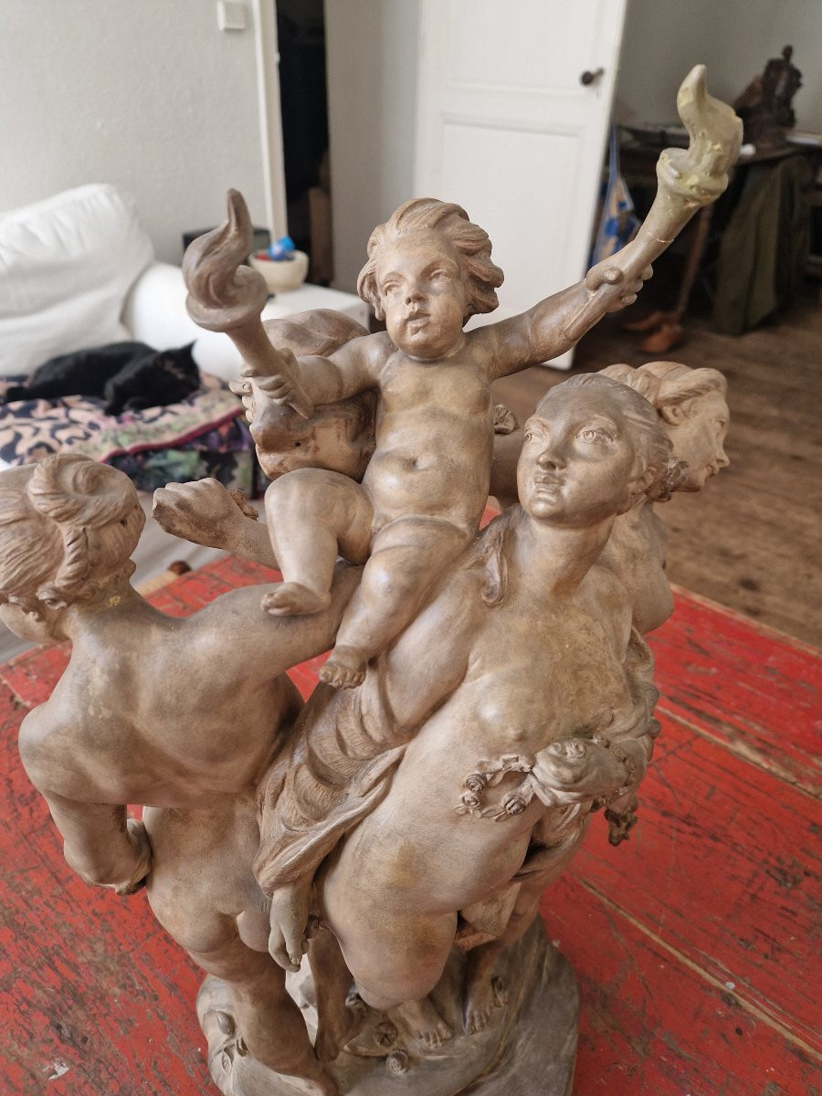 Les 3 Grâces Supportant l'Amour. Terre Cuite d'Après Le Tableau De François Boucher -photo-4