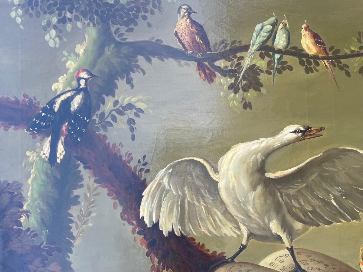 "the Bird Concert" Oil On Canvas In The Style Of Jb Oudry-photo-1