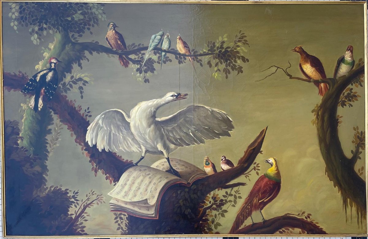 "the Bird Concert" Oil On Canvas In The Style Of Jb Oudry-photo-2