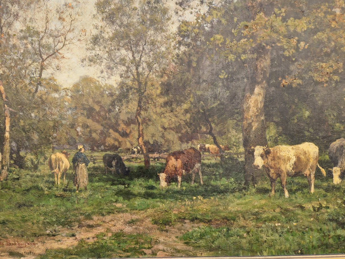 "shepherdess And Her Flock" Oil On Canvas By Julius Van De Sande Bakhuyzen.-photo-2