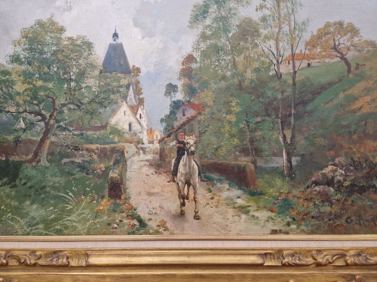 "young Rider Leaving A Village" Oil On Canvas By Gaston Anglade (1854 - 1931)-photo-2