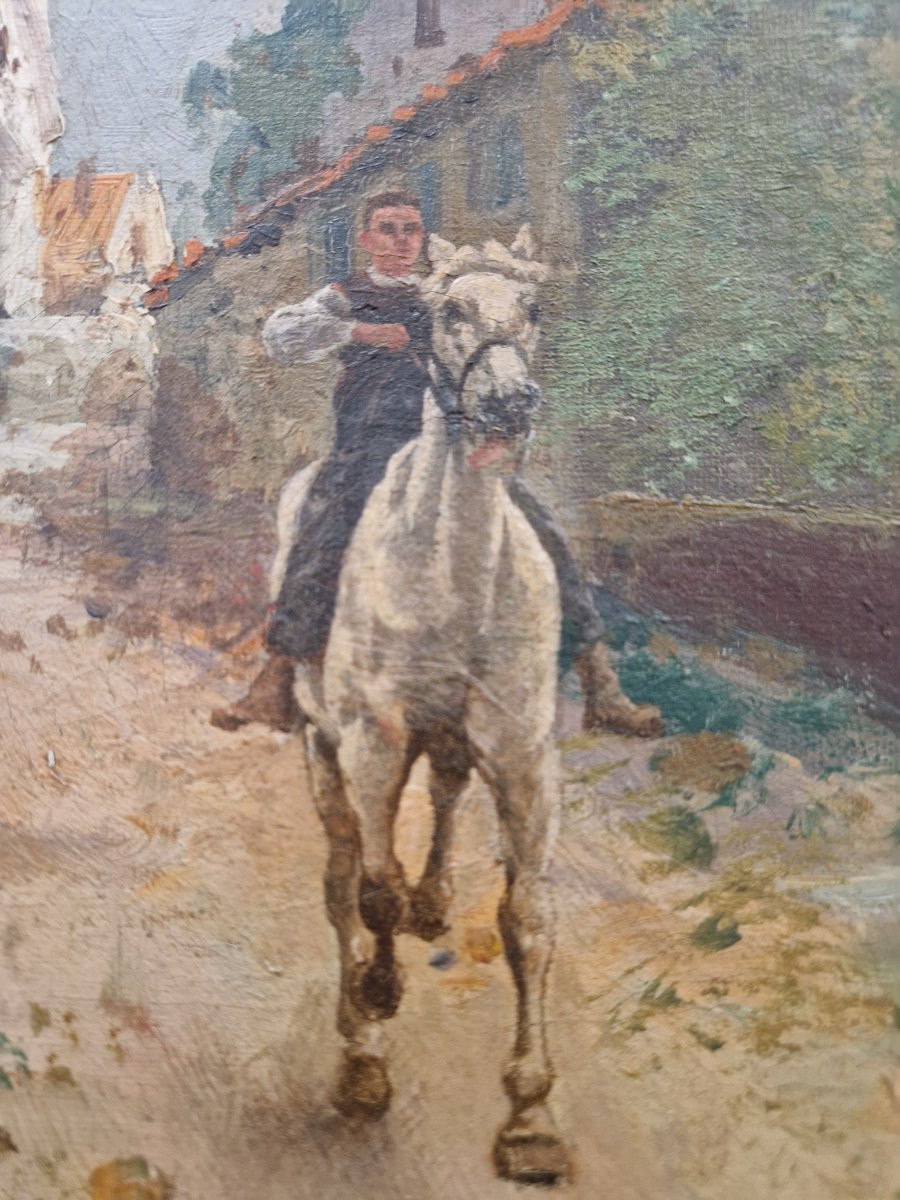 "young Rider Leaving A Village" Oil On Canvas By Gaston Anglade (1854 - 1931)-photo-3